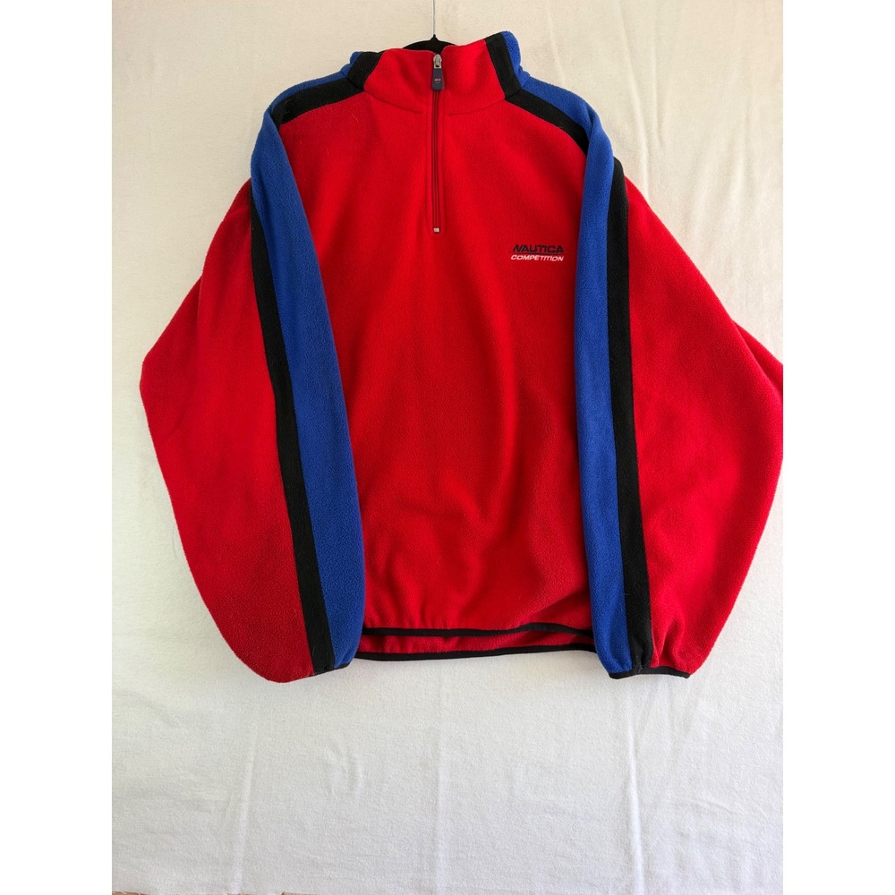 Vintage Nautica Competition Mens Red Blue Colorblock Fleece Quarter Zip Pullover